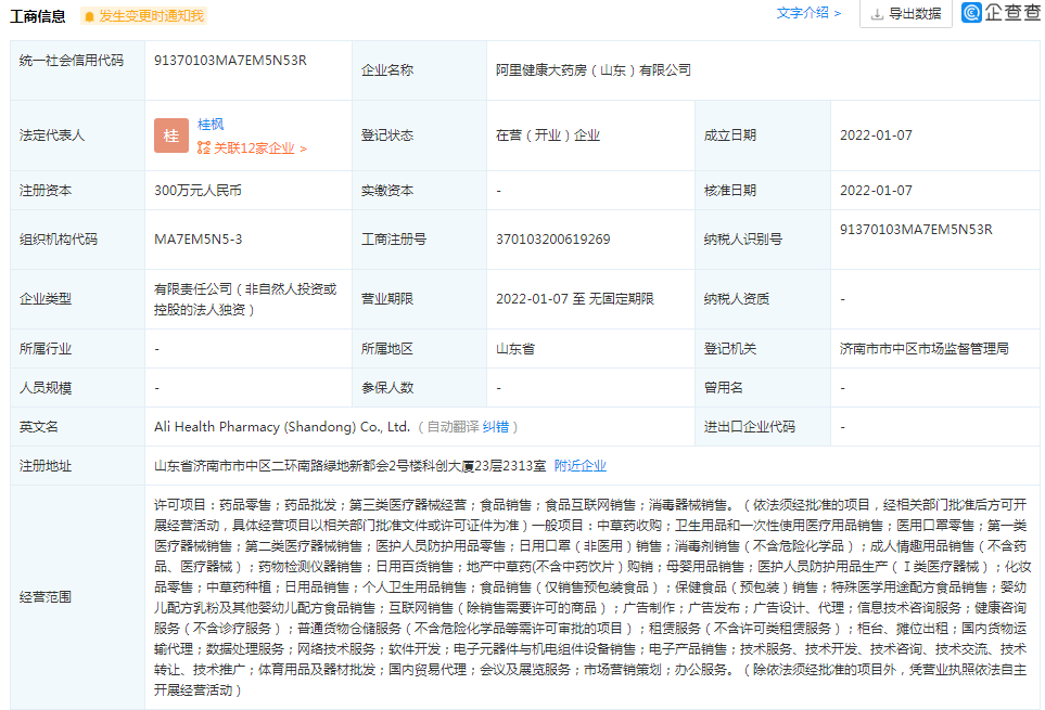 阿里健康大藥房300萬濟南設新公司，跨界布局廚具衛具引關注